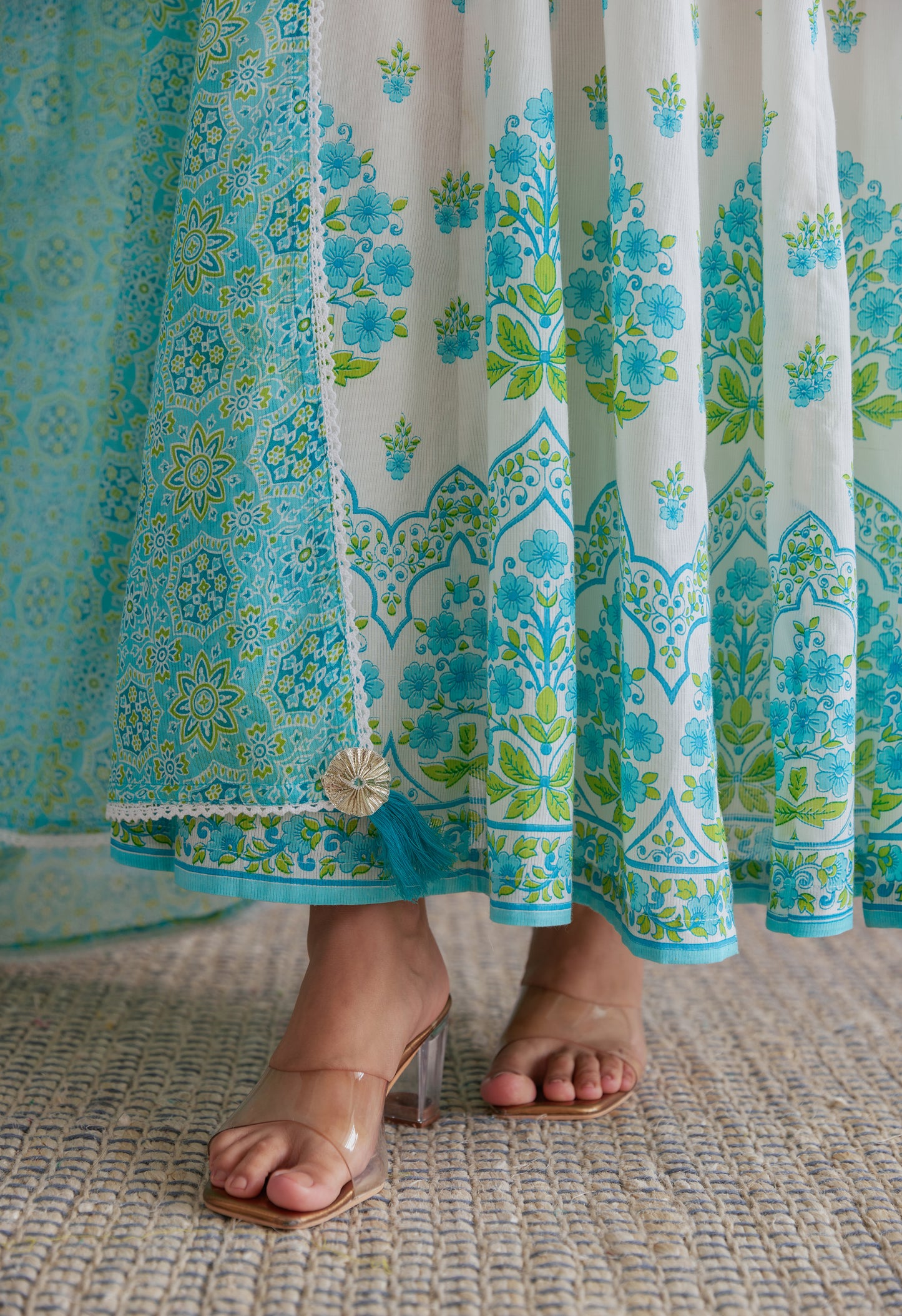 Blue Floral Printed  Long Anarkali Dress With Dupatta