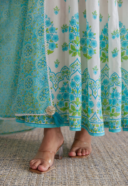 Blue Floral Printed  Long Anarkali Dress With Dupatta