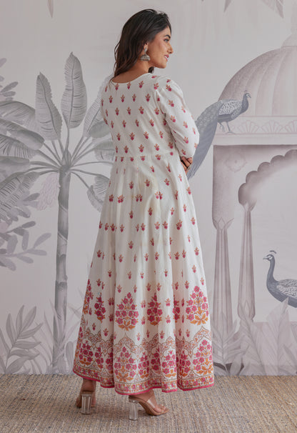 Pink  Floral Printed  Long Anarkali Dress With Dupatta