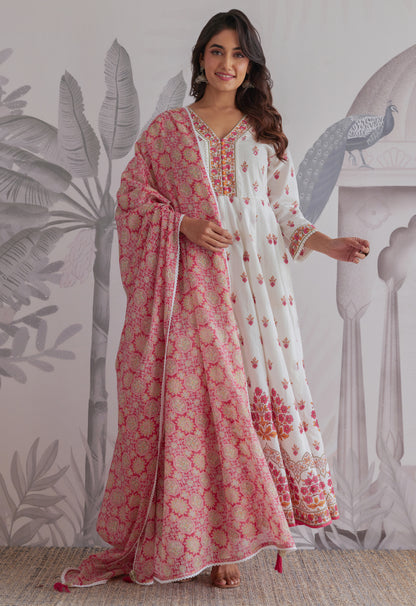 Pink  Floral Printed  Long Anarkali Dress With Dupatta