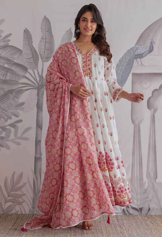 Pink  Floral Printed  Long Anarkali Dress With Dupatta