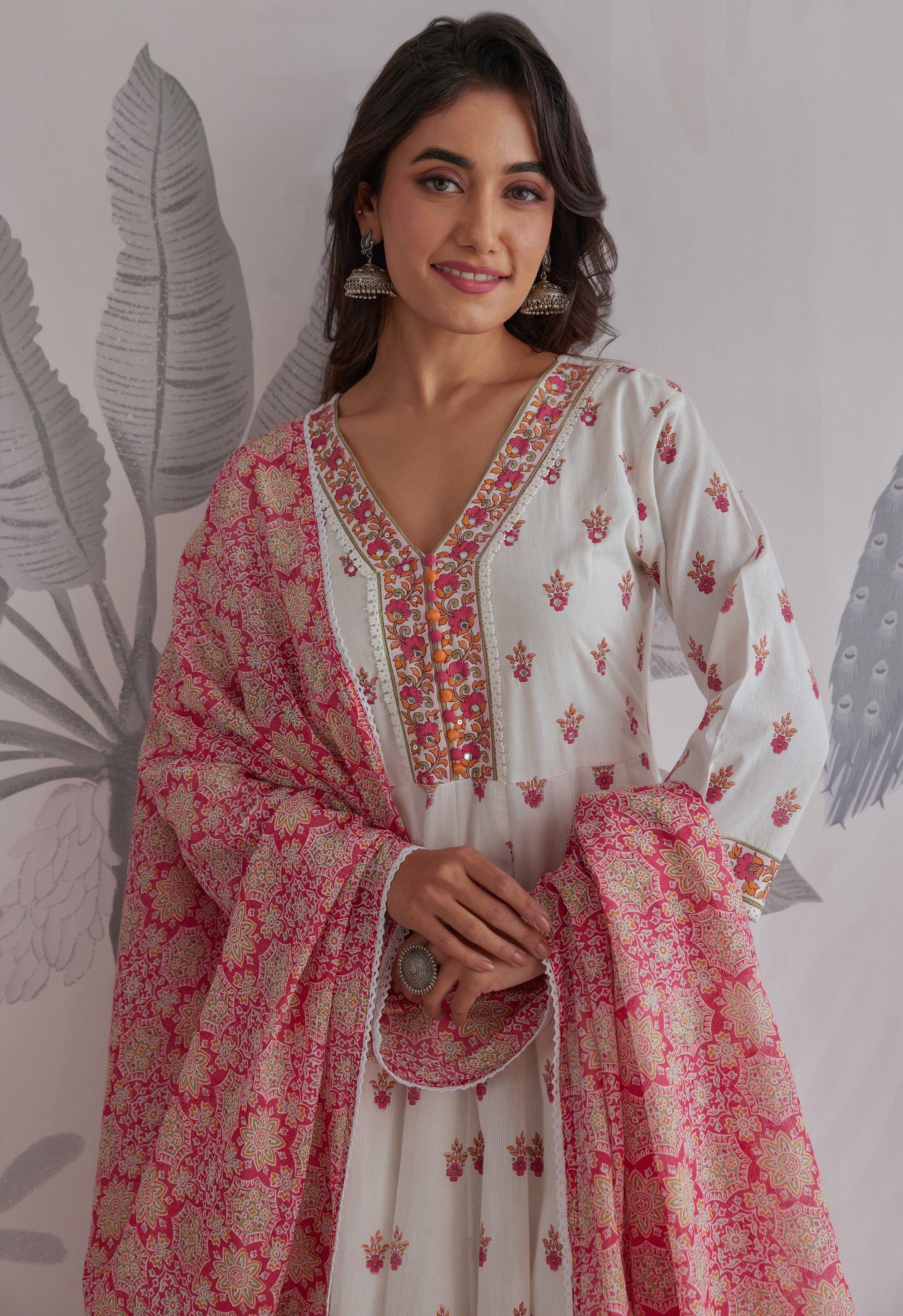 Pink  Floral Printed  Long Anarkali Dress With Dupatta