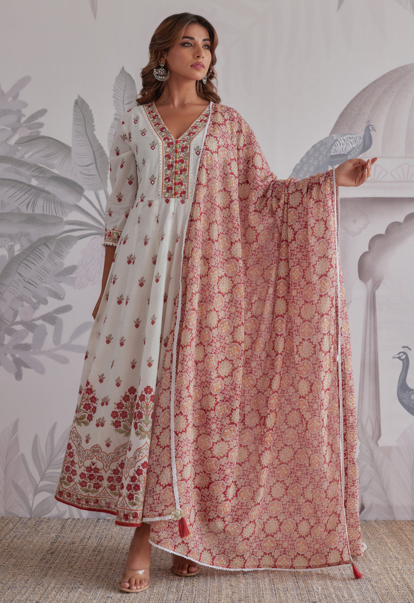 Maroon Floral Printed  Long Anarkali Dress With Dupatta