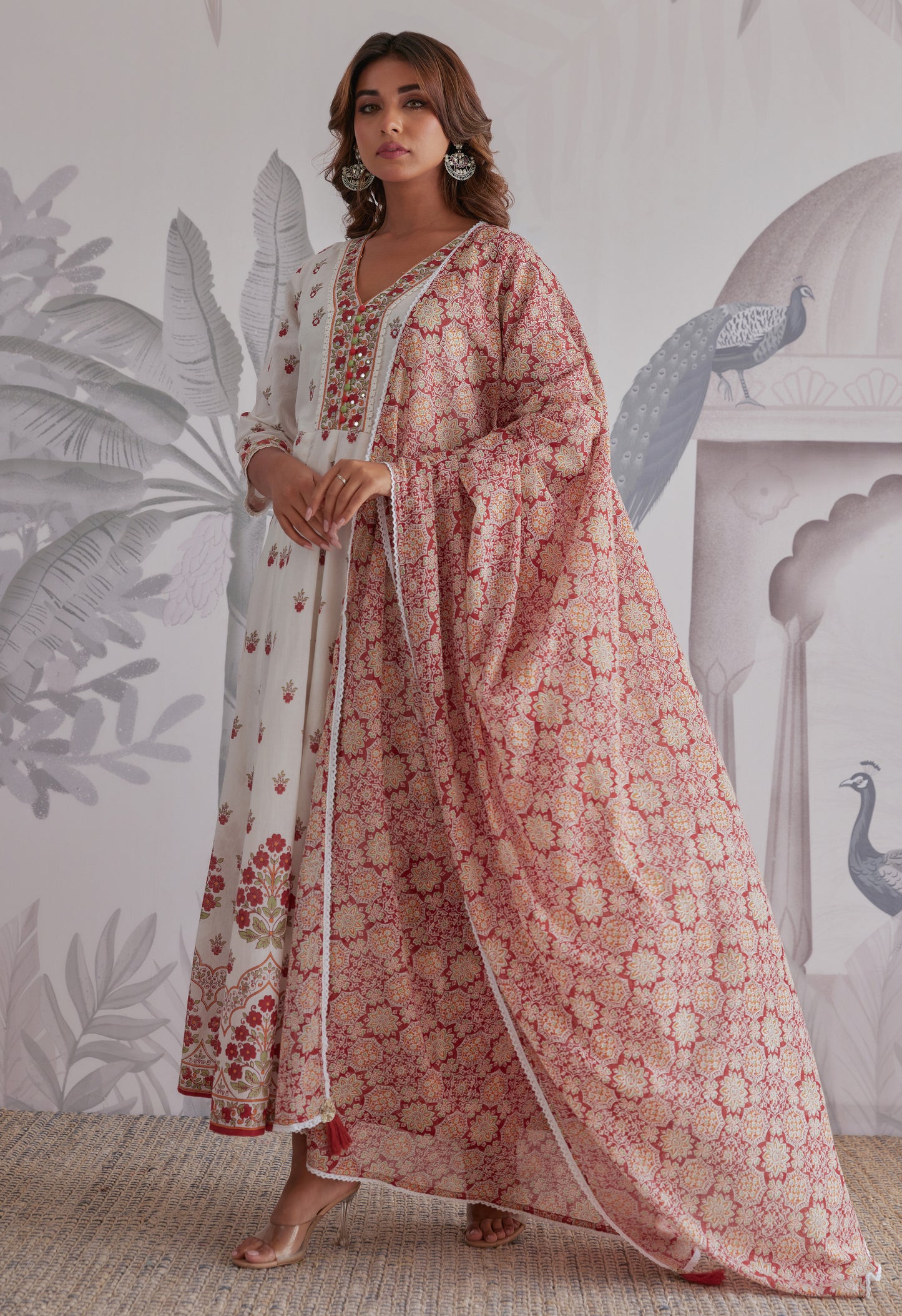 Maroon Floral Printed  Long Anarkali Dress With Dupatta