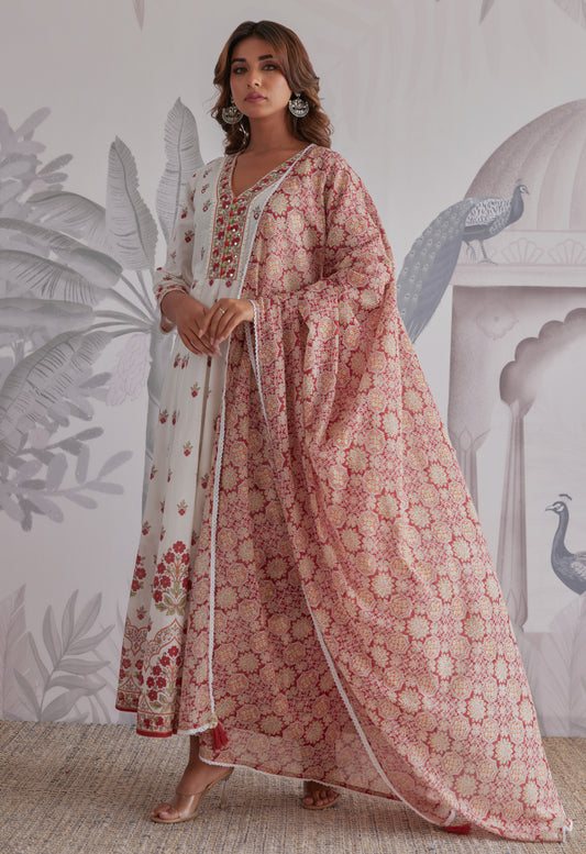 Maroon Floral Printed  Long Anarkali Dress With Dupatta