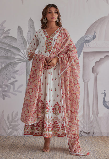 Maroon Floral Printed  Long Anarkali Dress With Dupatta