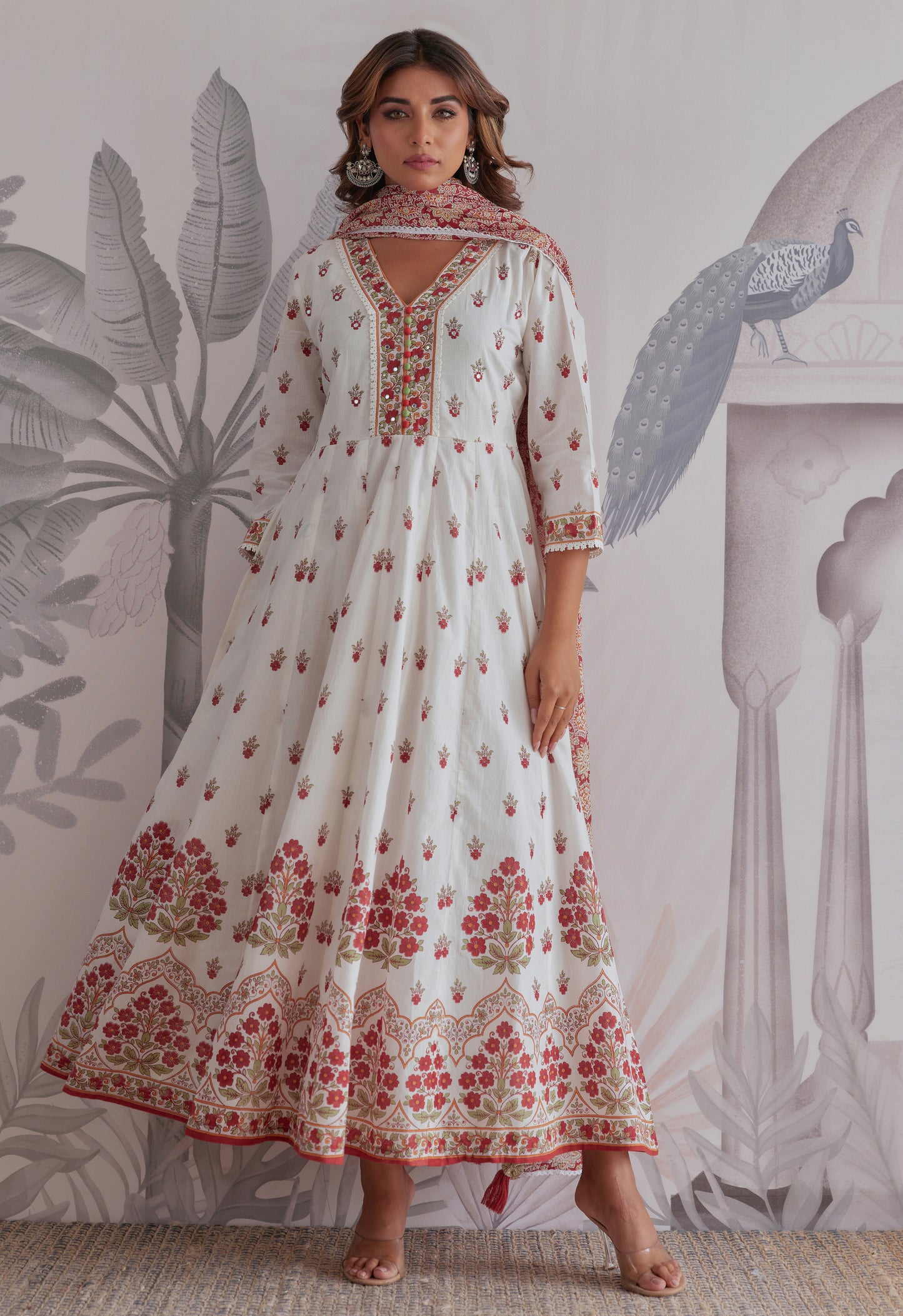 Maroon Floral Printed  Long Anarkali Dress With Dupatta