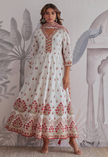 Maroon Floral Printed  Long Anarkali Dress With Dupatta