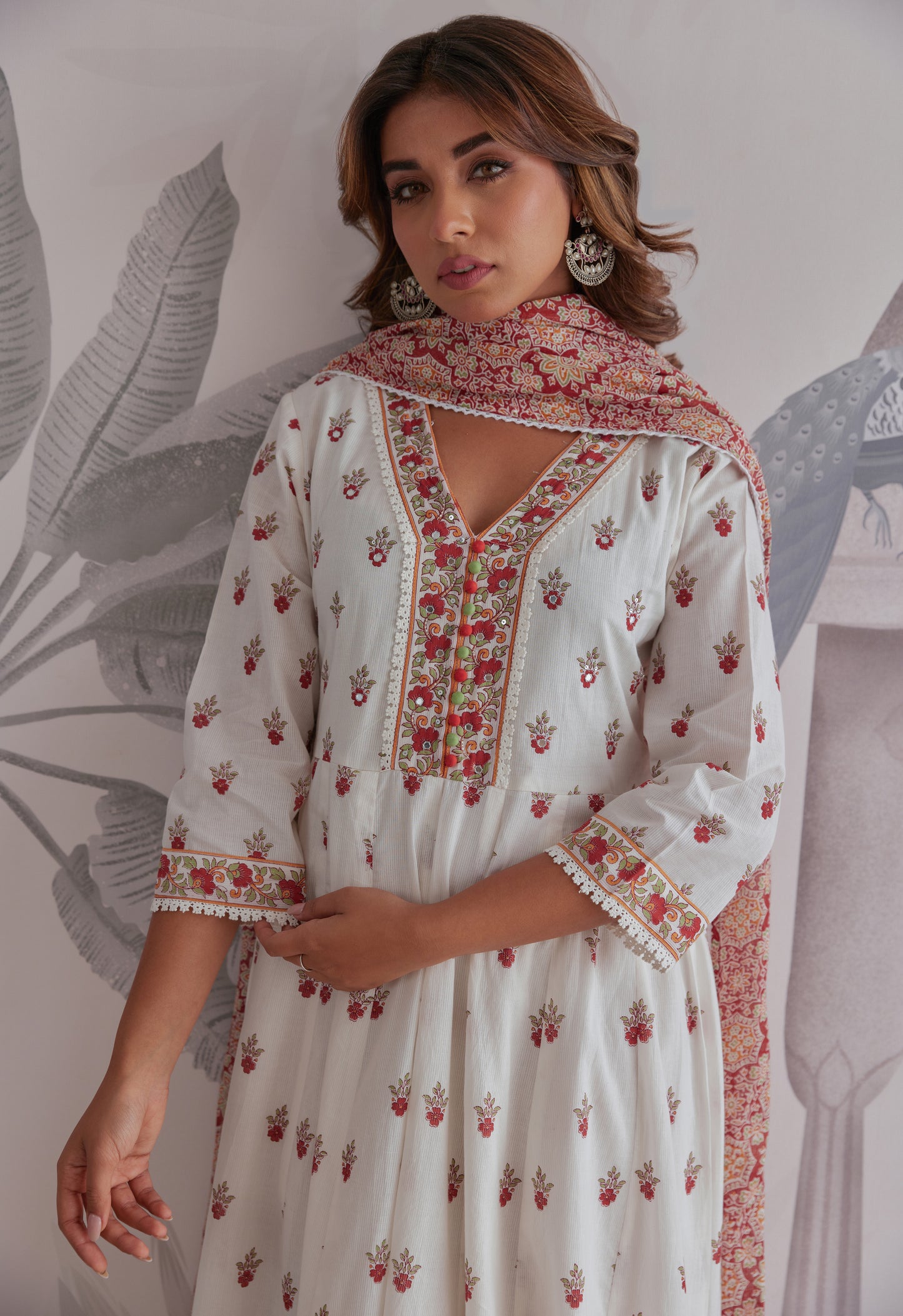 Maroon Floral Printed  Long Anarkali Dress With Dupatta