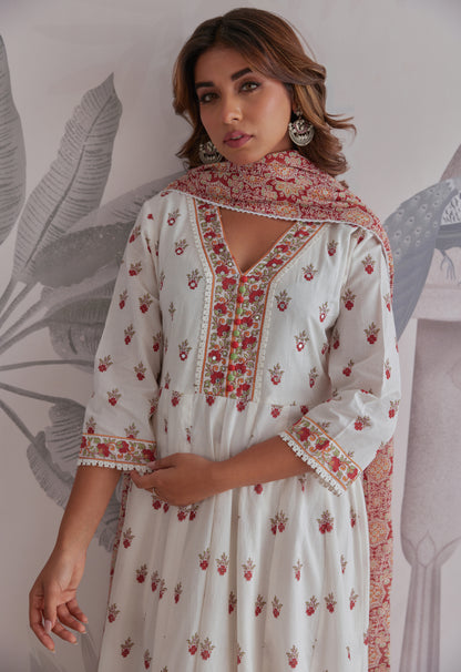 Maroon Floral Printed  Long Anarkali Dress With Dupatta