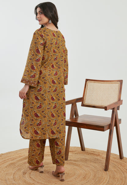 Mustard Floral Cotton Lurex Co-Ord Set