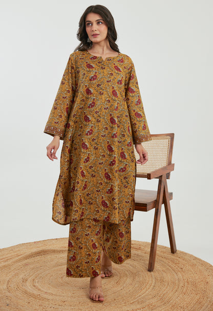 Mustard Floral Cotton Lurex Co-Ord Set