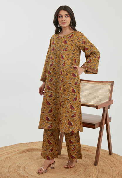 Mustard Floral Cotton Lurex Co-Ord Set