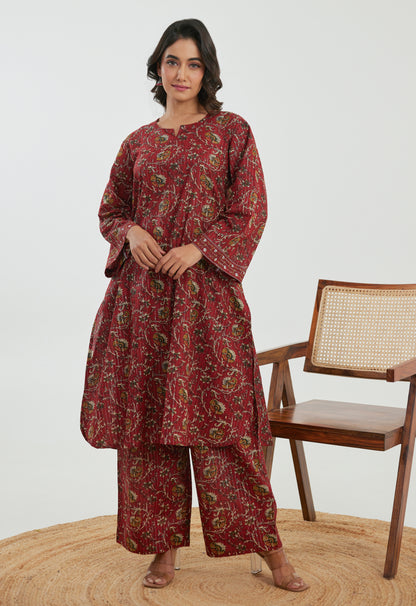 Floral Red Cotton Lurex Co-ord Set