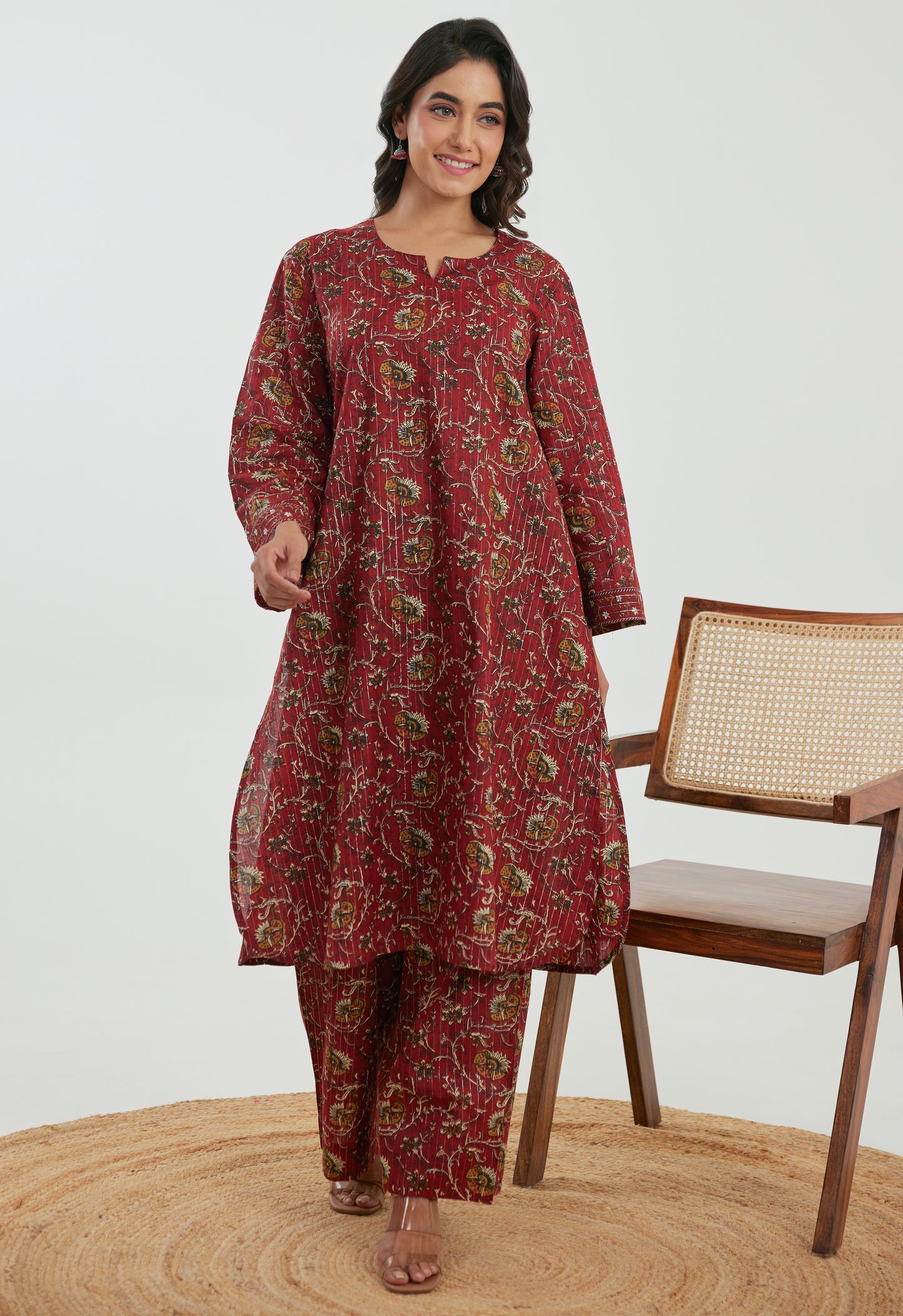 Floral Red Cotton Lurex Co-ord Set