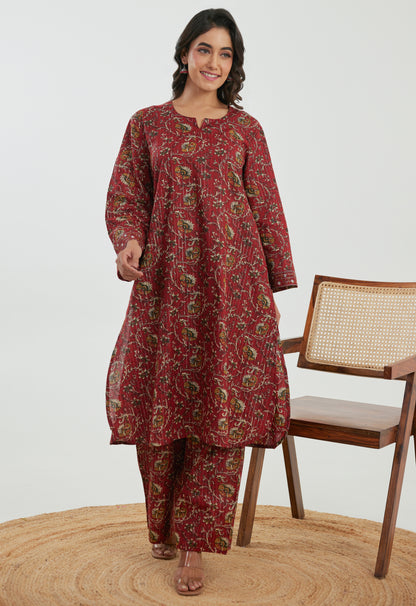 Floral Red Cotton Lurex Co-ord Set