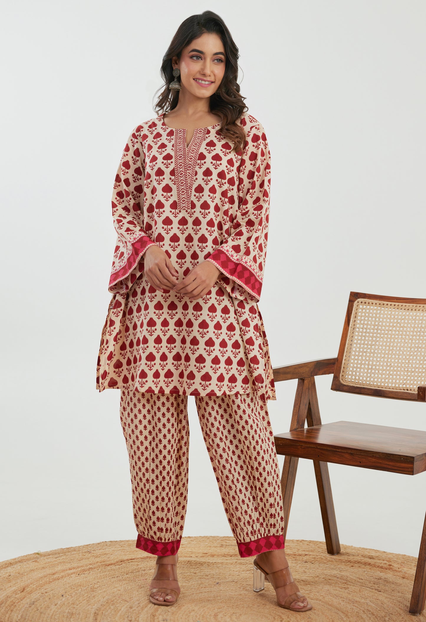 Maroon Motif Printed Cotton Co-ord Set