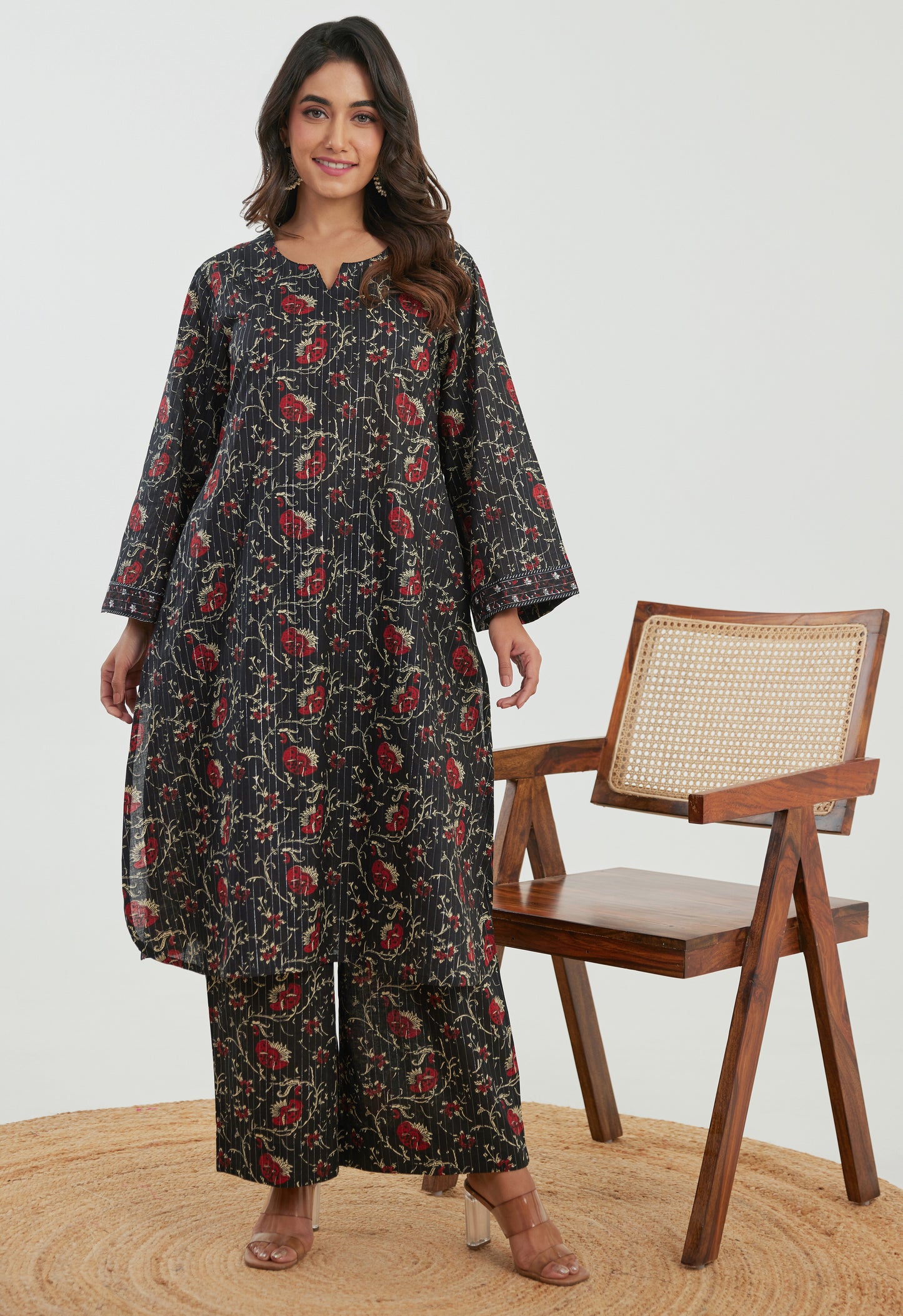 Black Floral Cotton Lurex Co-ord Set