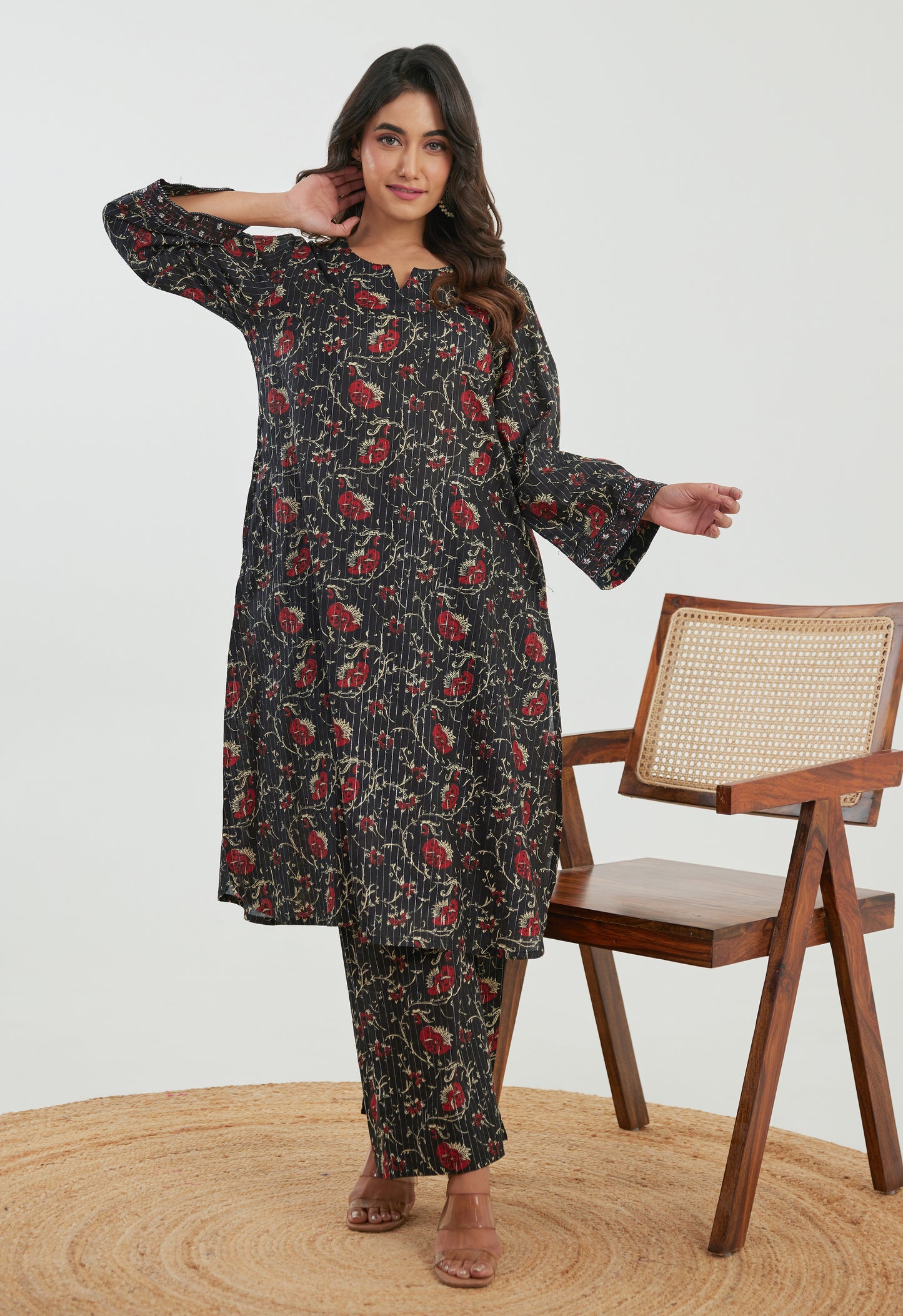 Black Floral Cotton Lurex Co-ord Set