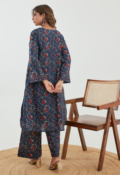 Blue Floral Cotton Lurex Co-ord Set