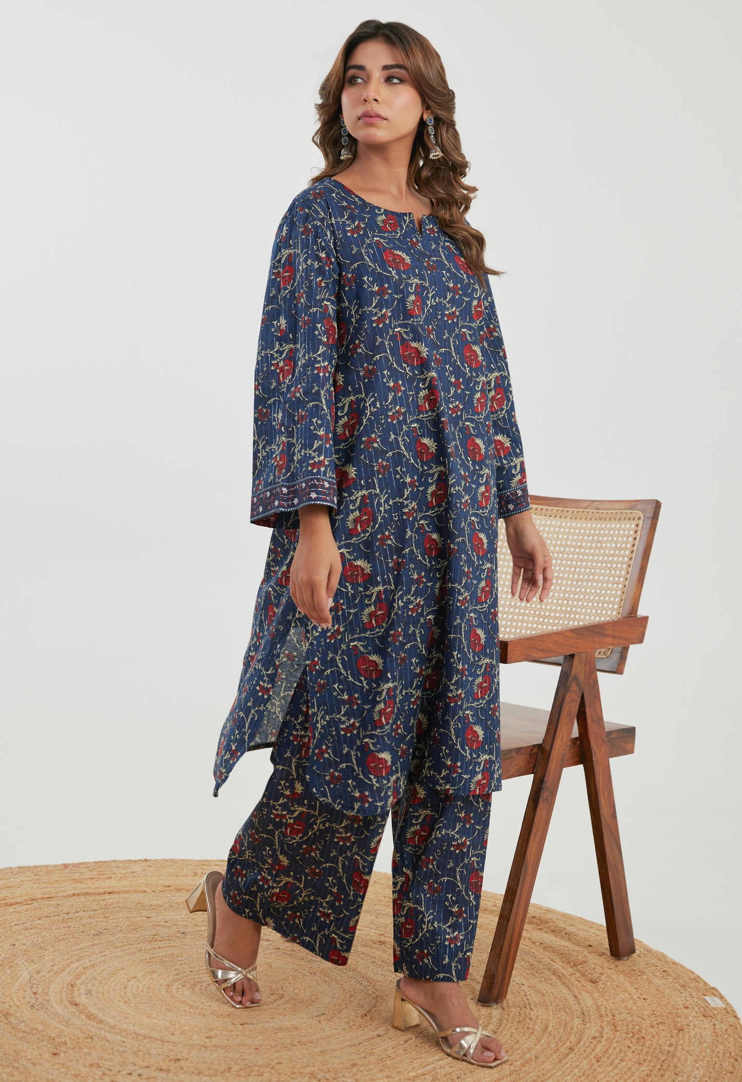 Blue Floral Cotton Lurex Co-ord Set