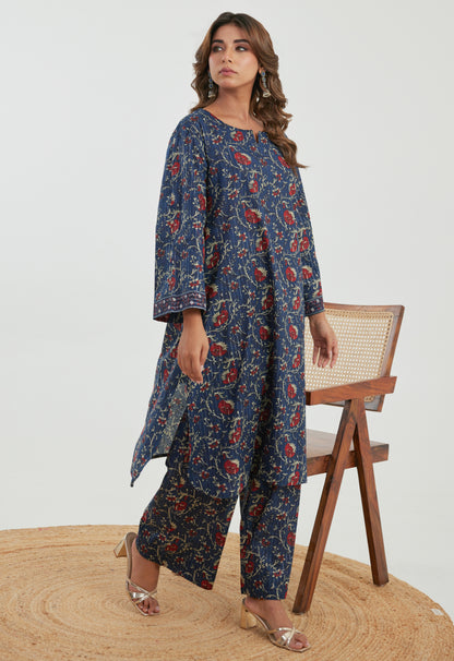 Blue Floral Cotton Lurex Co-ord Set