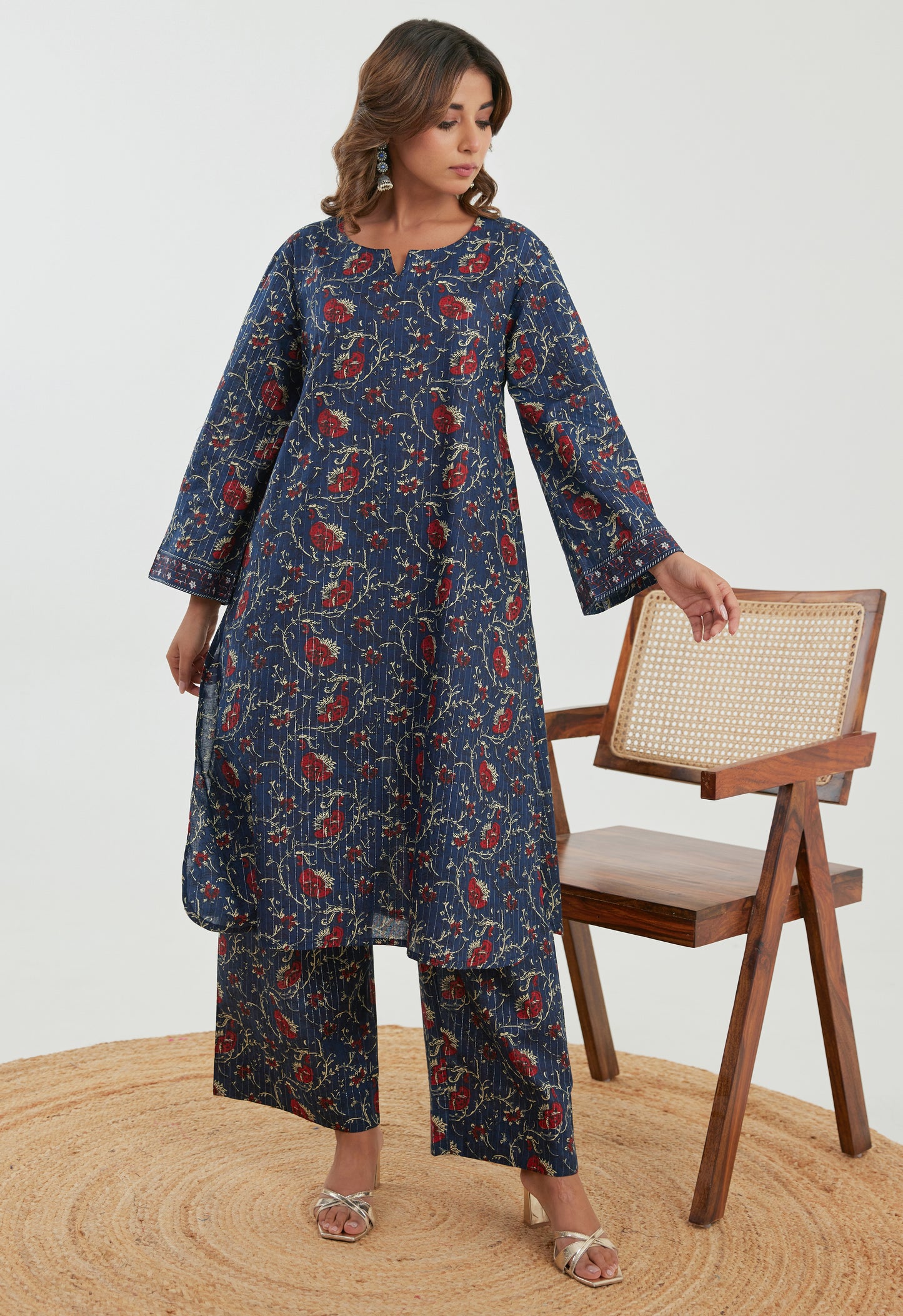 Blue Floral Cotton Lurex Co-ord Set