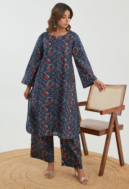 Blue Floral Cotton Lurex Co-ord Set