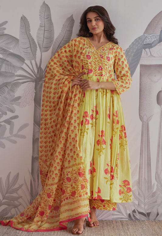 Yellow Floral Printed Anarkali Suit Set