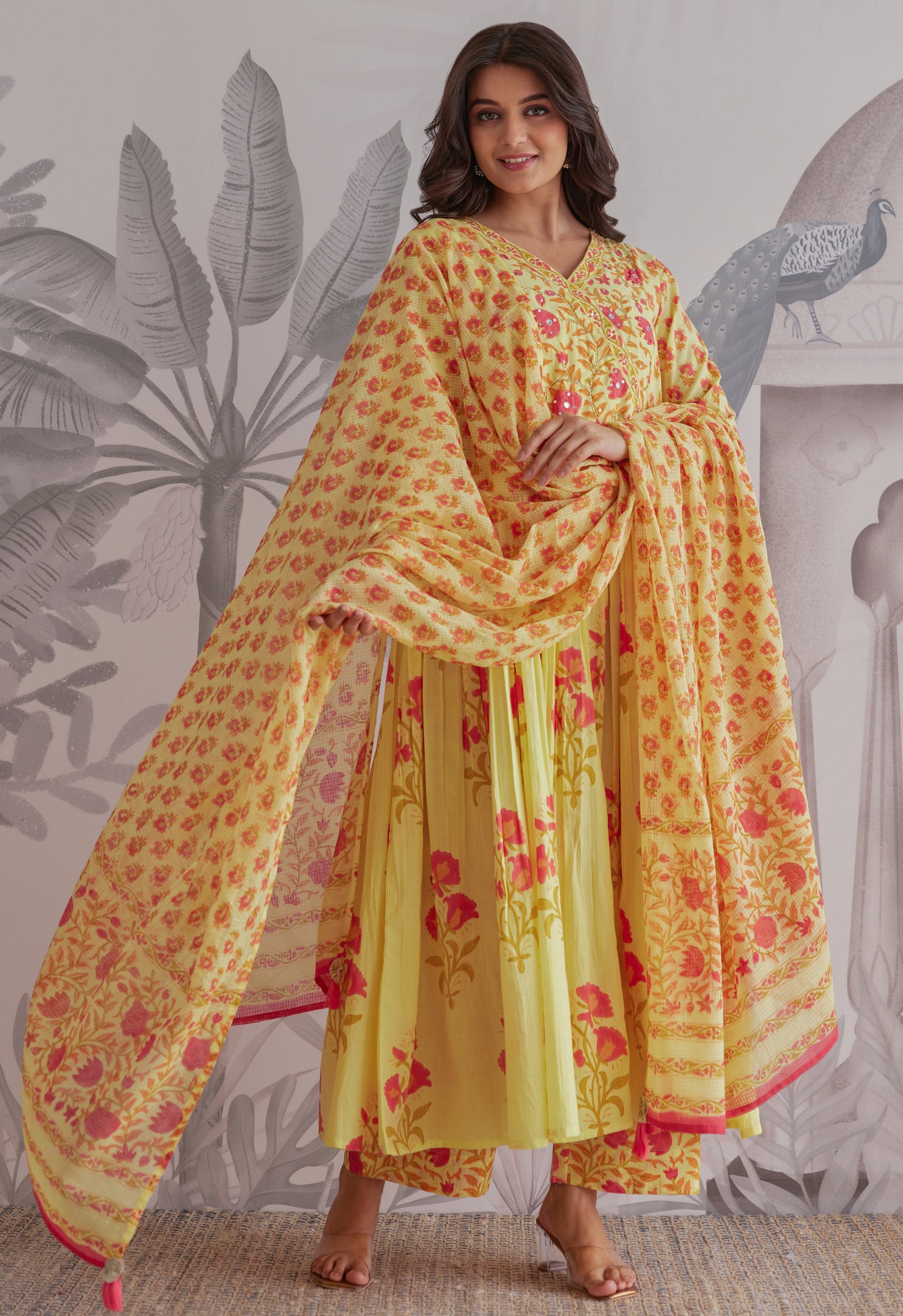 Yellow Floral Printed Anarkali Suit Set
