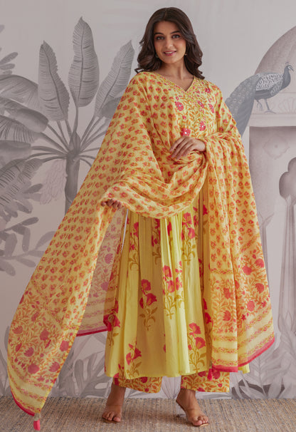 Yellow Floral Printed Anarkali Suit Set