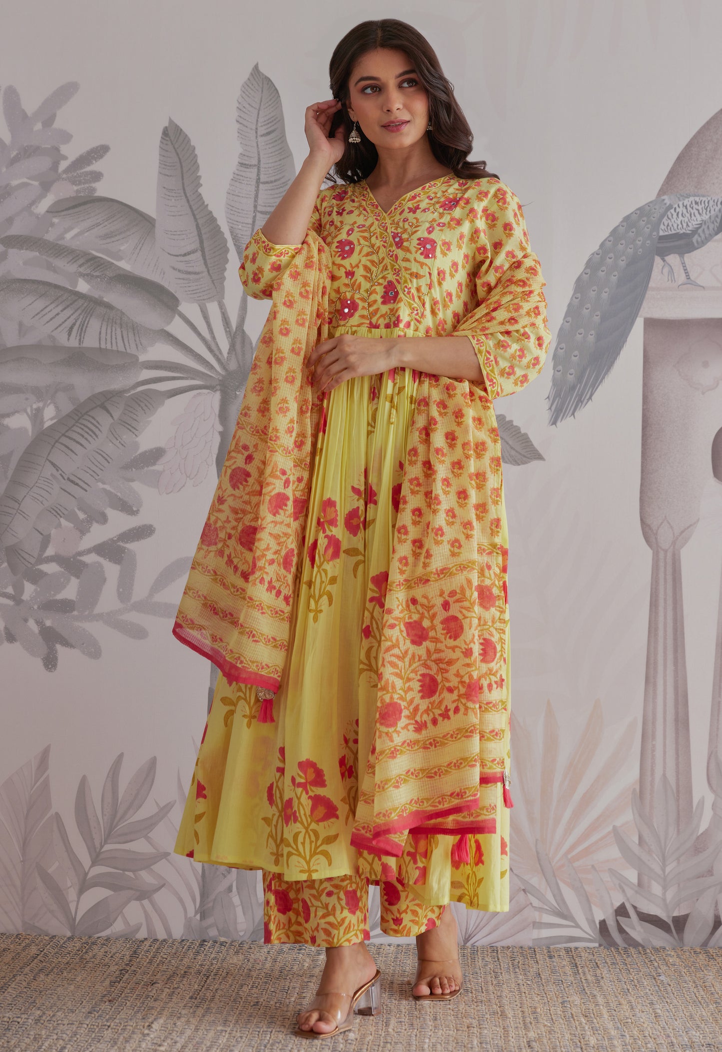 Yellow Floral Printed Anarkali Suit Set