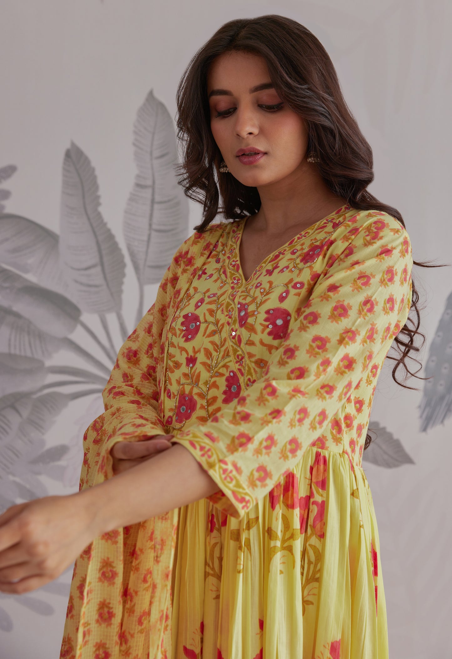 Yellow Floral Printed Anarkali Suit Set