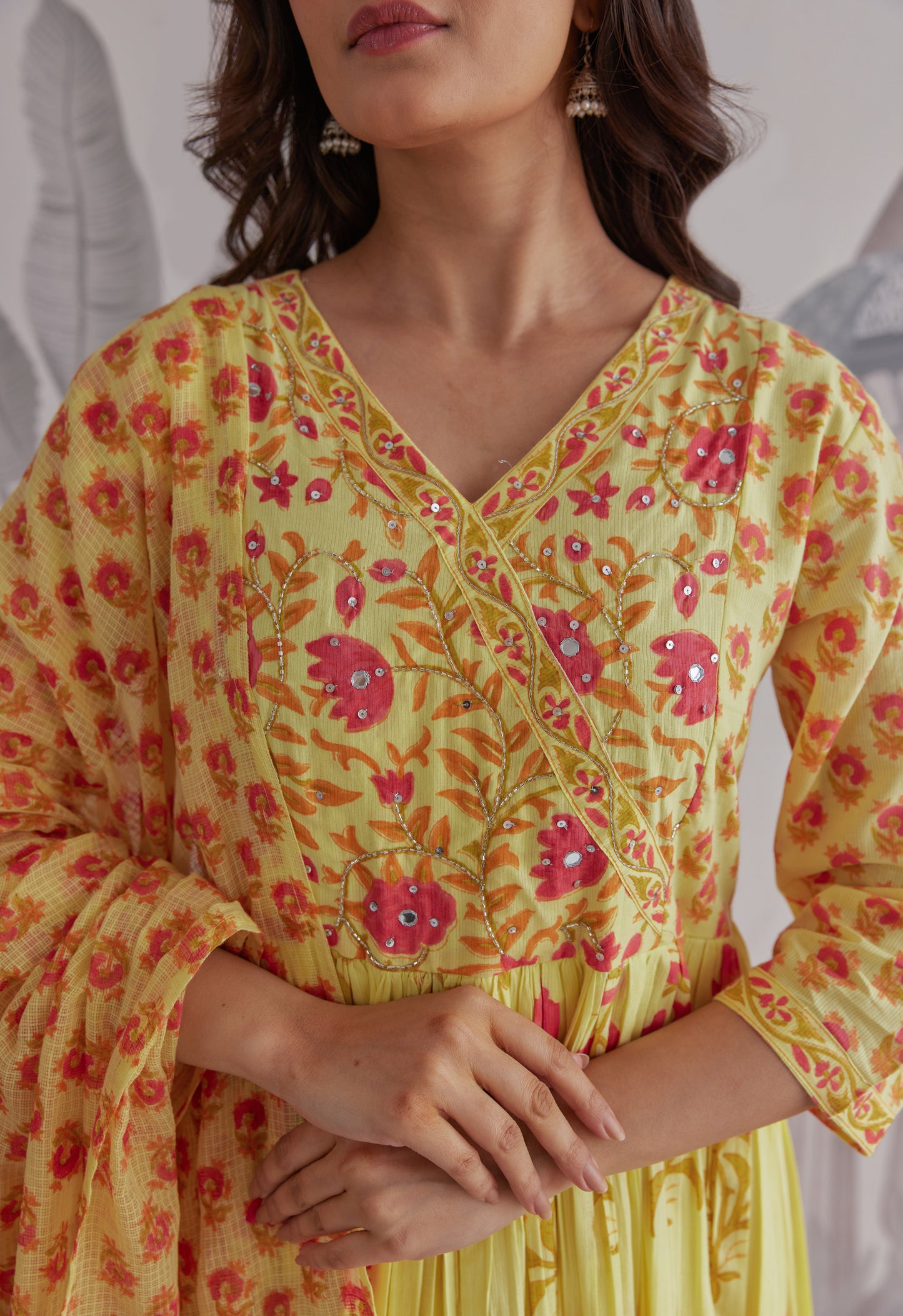 Yellow Floral Printed Anarkali Suit Set