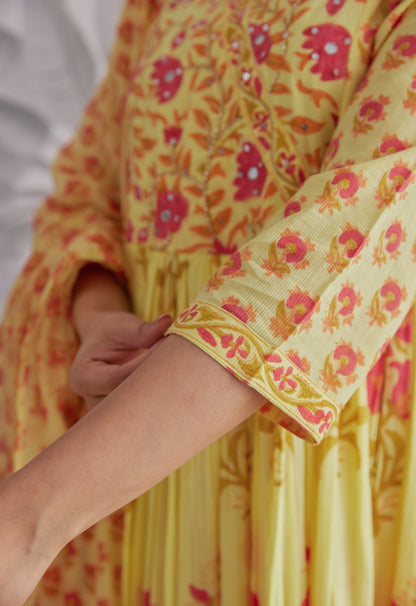 Yellow Floral Printed Anarkali Suit Set