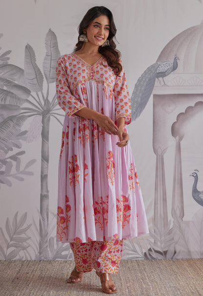Lilac Floral Printed Anarkali Suit Set