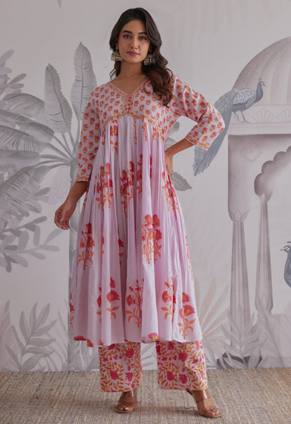 Lilac Floral Printed Anarkali Suit Set